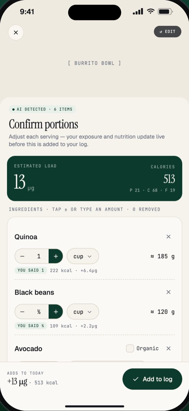 Confirm portions screen after a photo of a burrito bowl, with calories and estimated load
